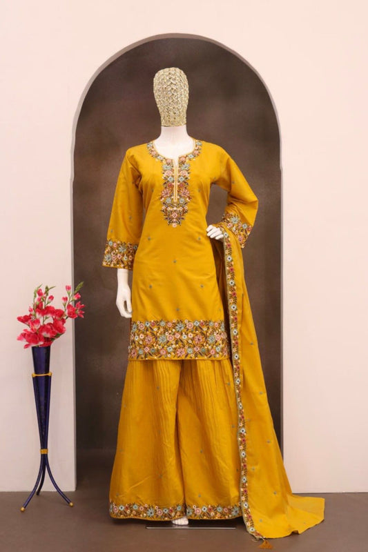 Elegant Mustard Yellow Roman Simmer Embroidered Palazzo Suit Designer Dupatta
