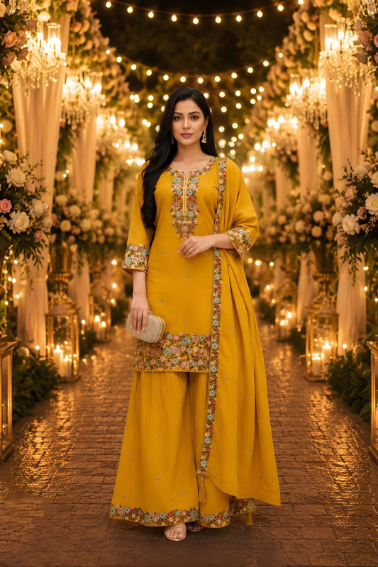 Elegant Mustard Yellow Roman Simmer Embroidered Palazzo Suit Designer Dupatta
