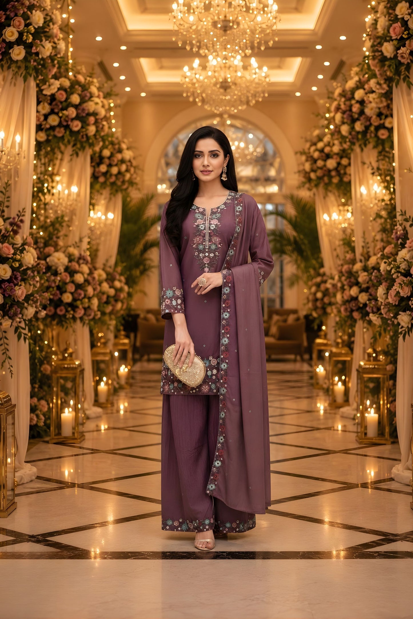Vibrant Wine Purple Roman Simmer Embroidered Palazzo Suit Designer Dupatta