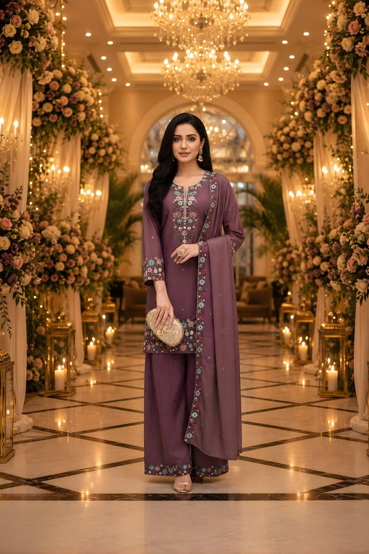 Vibrant Wine Purple Roman Simmer Embroidered Palazzo Suit Designer Dupatta