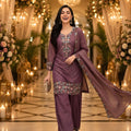 Vibrant Wine Purple Roman Simmer Embroidered Palazzo Suit Designer Dupatta