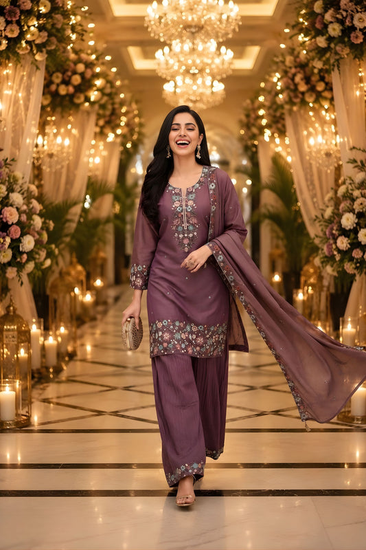 Vibrant Wine Purple Roman Simmer Embroidered Palazzo Suit Designer Dupatta