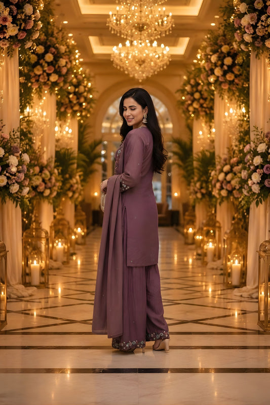 Vibrant Wine Purple Roman Simmer Embroidered Palazzo Suit Designer Dupatta