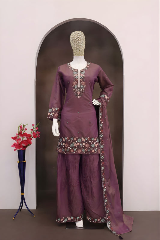 Vibrant Wine Purple Roman Simmer Embroidered Palazzo Suit Designer Dupatta