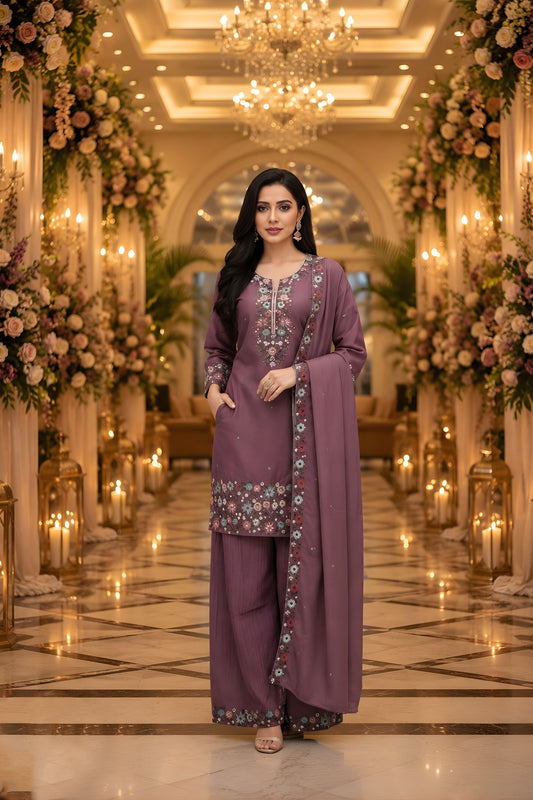 Vibrant Wine Purple Roman Simmer Embroidered Palazzo Suit Designer Dupatta
