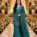 Elegant Teal Green Roman Simmer Embroidered Palazzo Suit Designer Dupatta