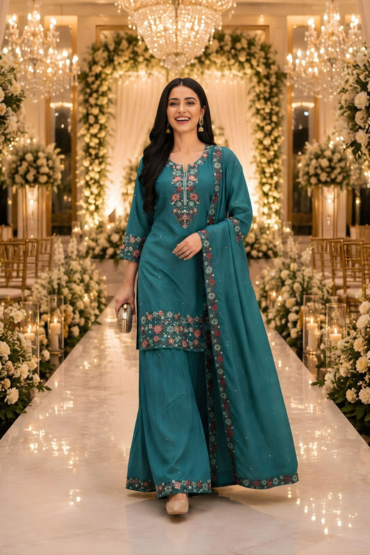 Elegant Teal Green Roman Simmer Embroidered Palazzo Suit Designer Dupatta