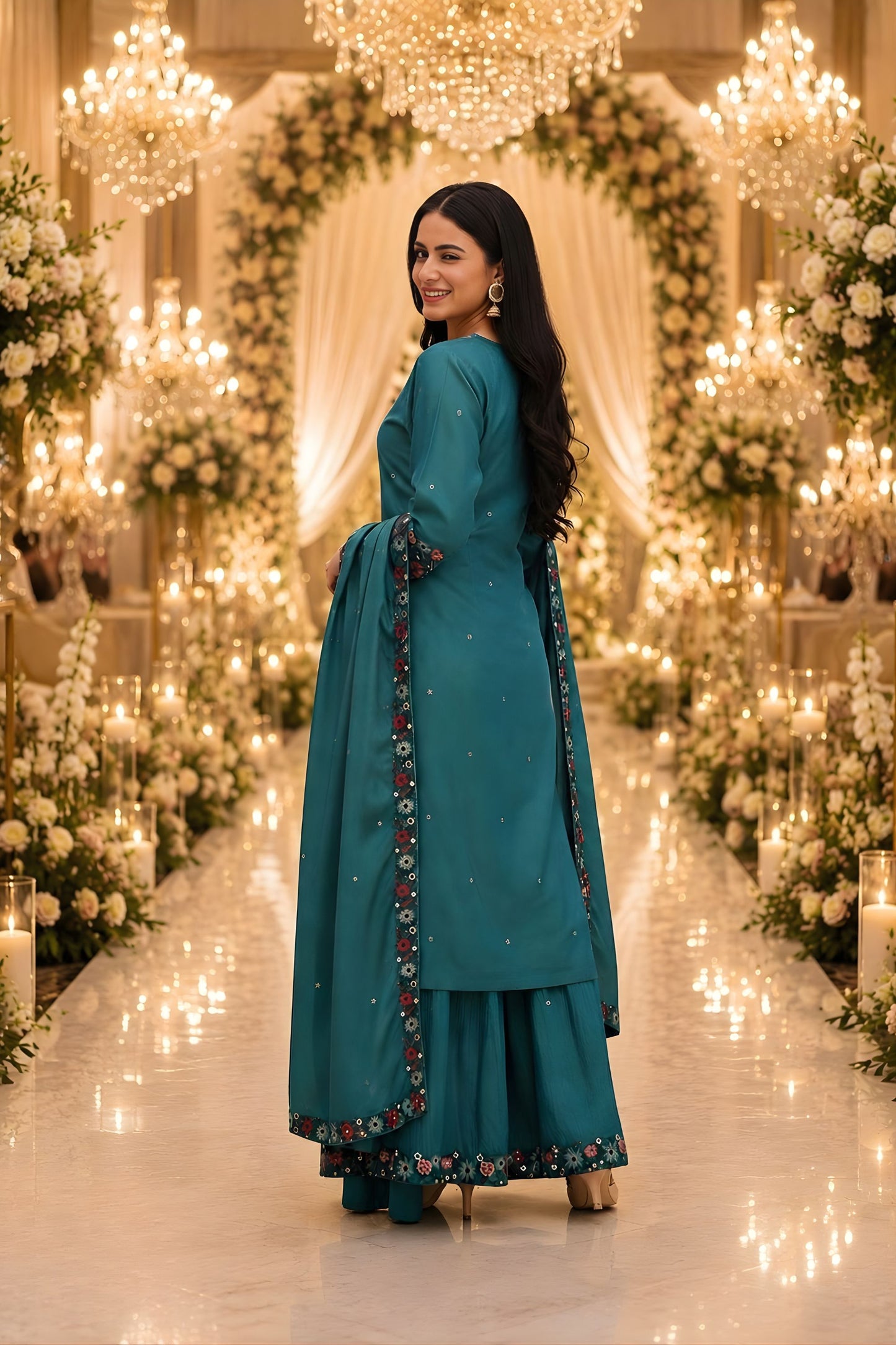 Elegant Teal Green Roman Simmer Embroidered Palazzo Suit Designer Dupatta