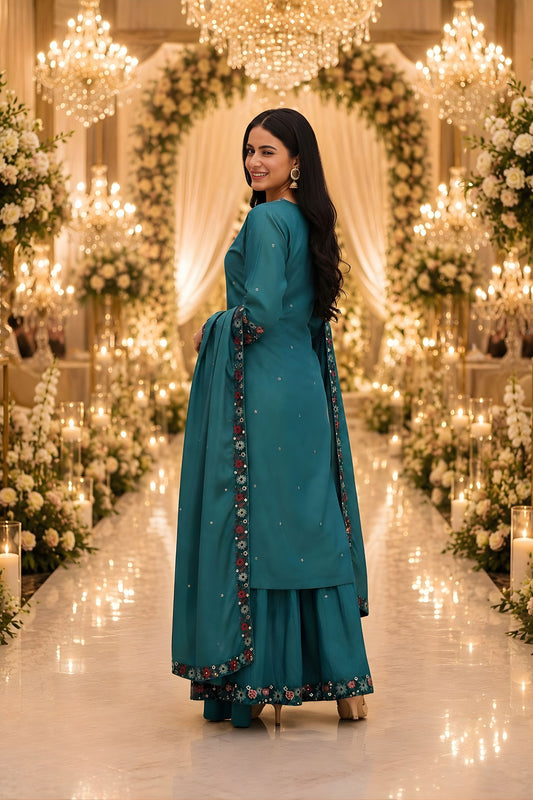 Elegant Teal Green Roman Simmer Embroidered Palazzo Suit Designer Dupatta