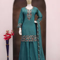 Elegant Teal Green Roman Simmer Embroidered Palazzo Suit Designer Dupatta