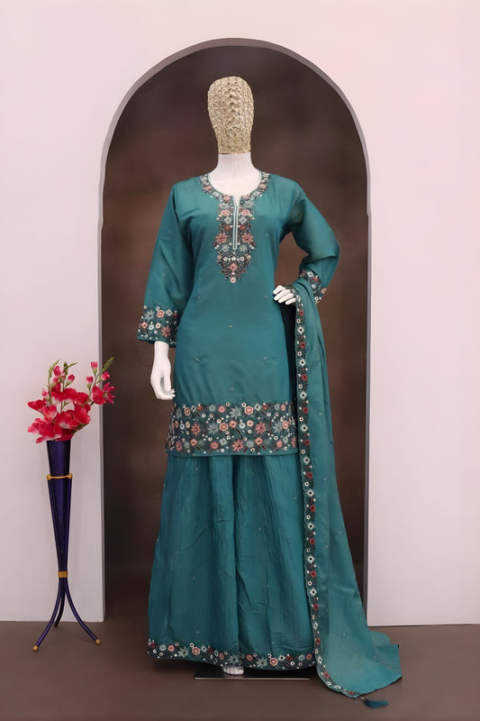 Elegant Teal Green Roman Simmer Embroidered Palazzo Suit Designer Dupatta