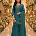 Elegant Teal Green Roman Simmer Embroidered Palazzo Suit Designer Dupatta