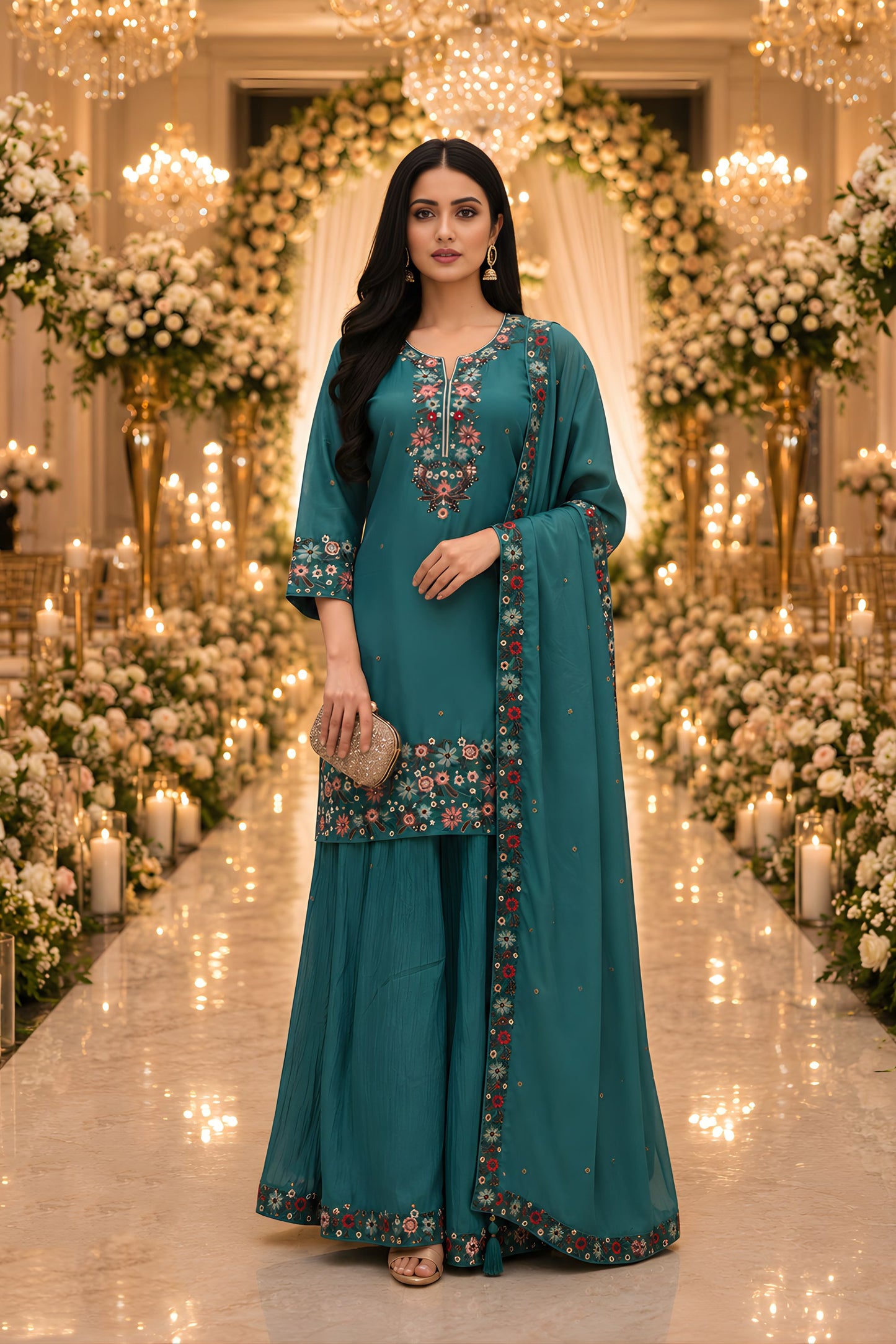 Elegant Teal Green Roman Simmer Embroidered Palazzo Suit Designer Dupatta
