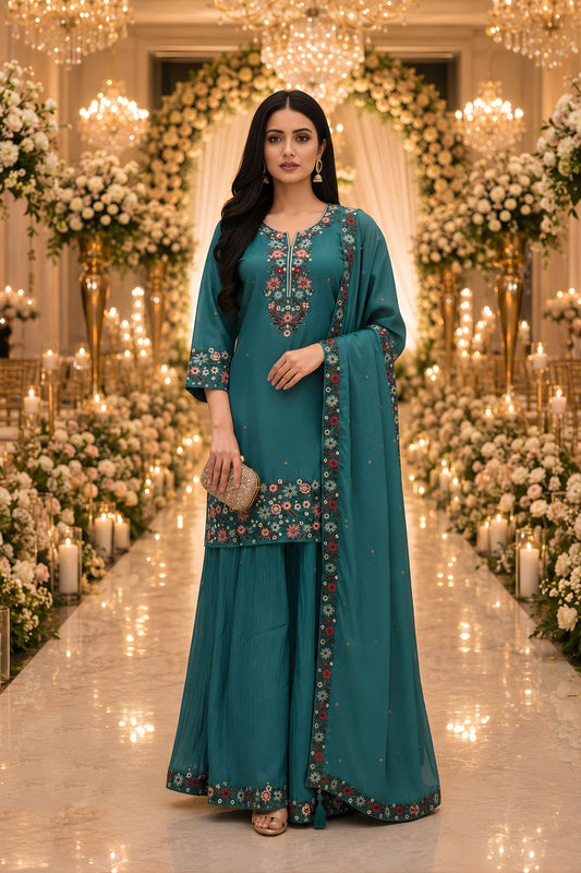 Elegant Teal Green Roman Simmer Embroidered Palazzo Suit Designer Dupatta