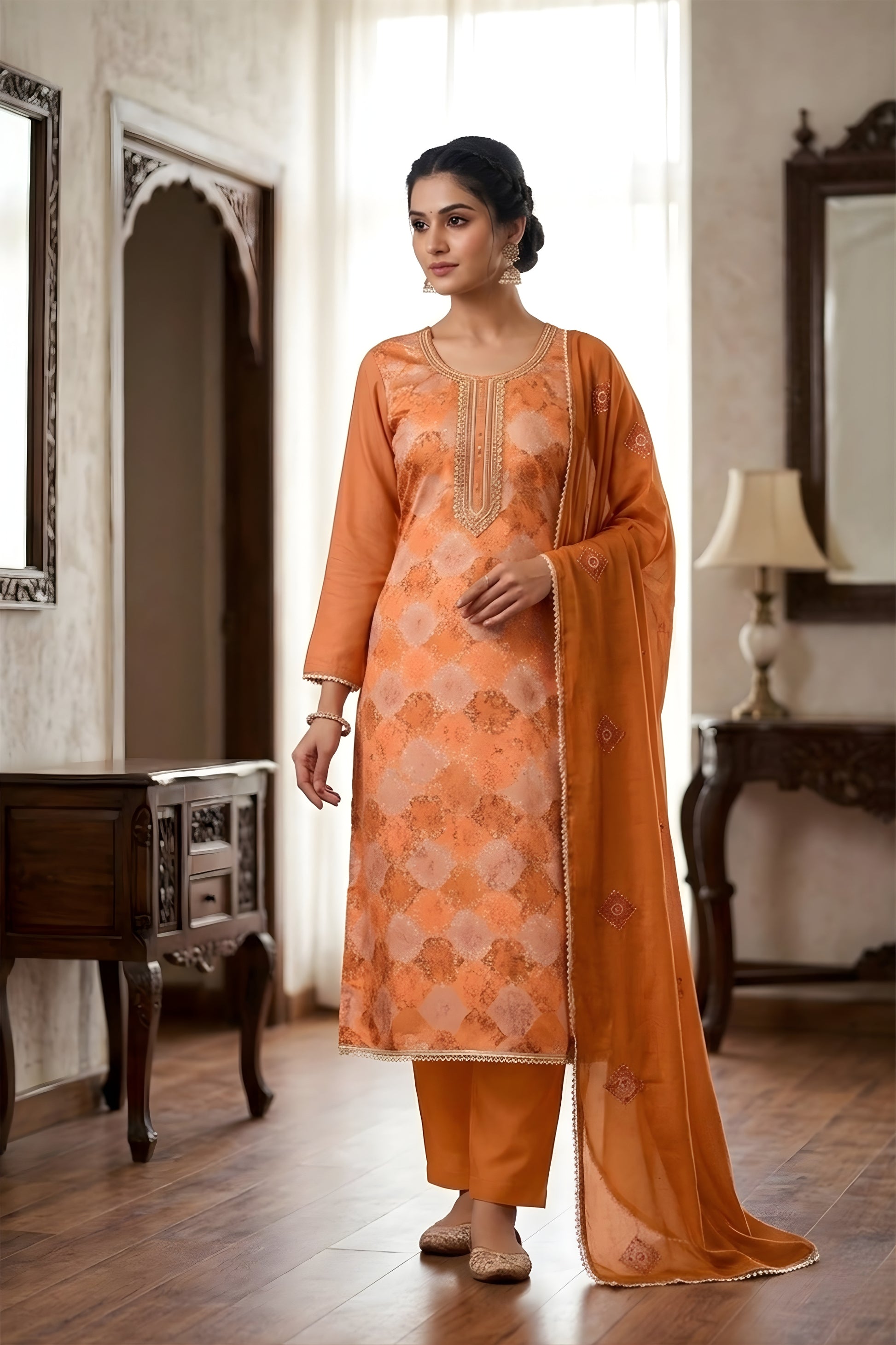 Stunning Orange Muslin Digital Printed Straight Salwar Suit with Designer Dupatta for Women
