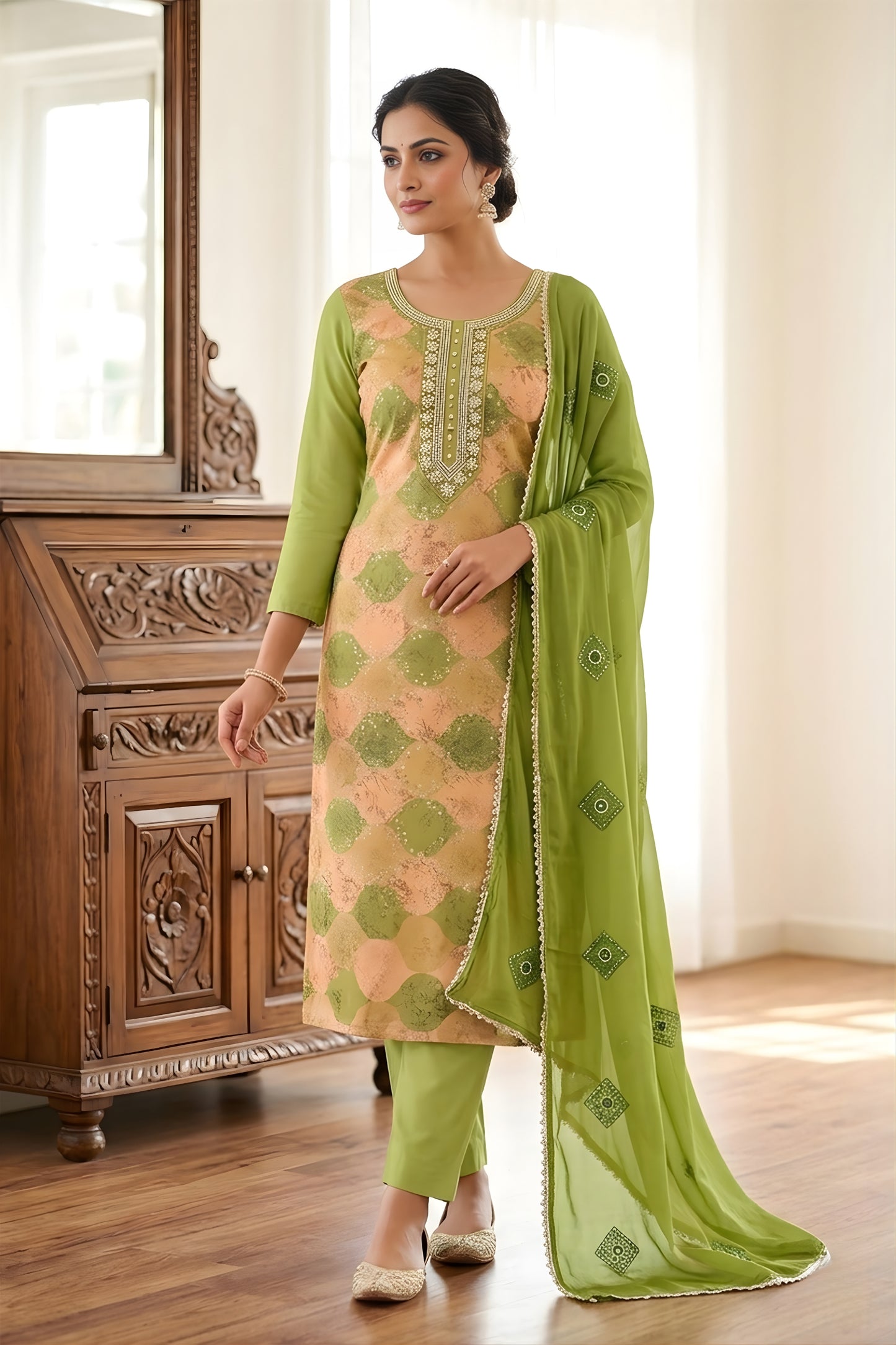 Glorious Olive Green Muslin Digital Printed Straight Salwar Suit with Designer Dupatta for Women