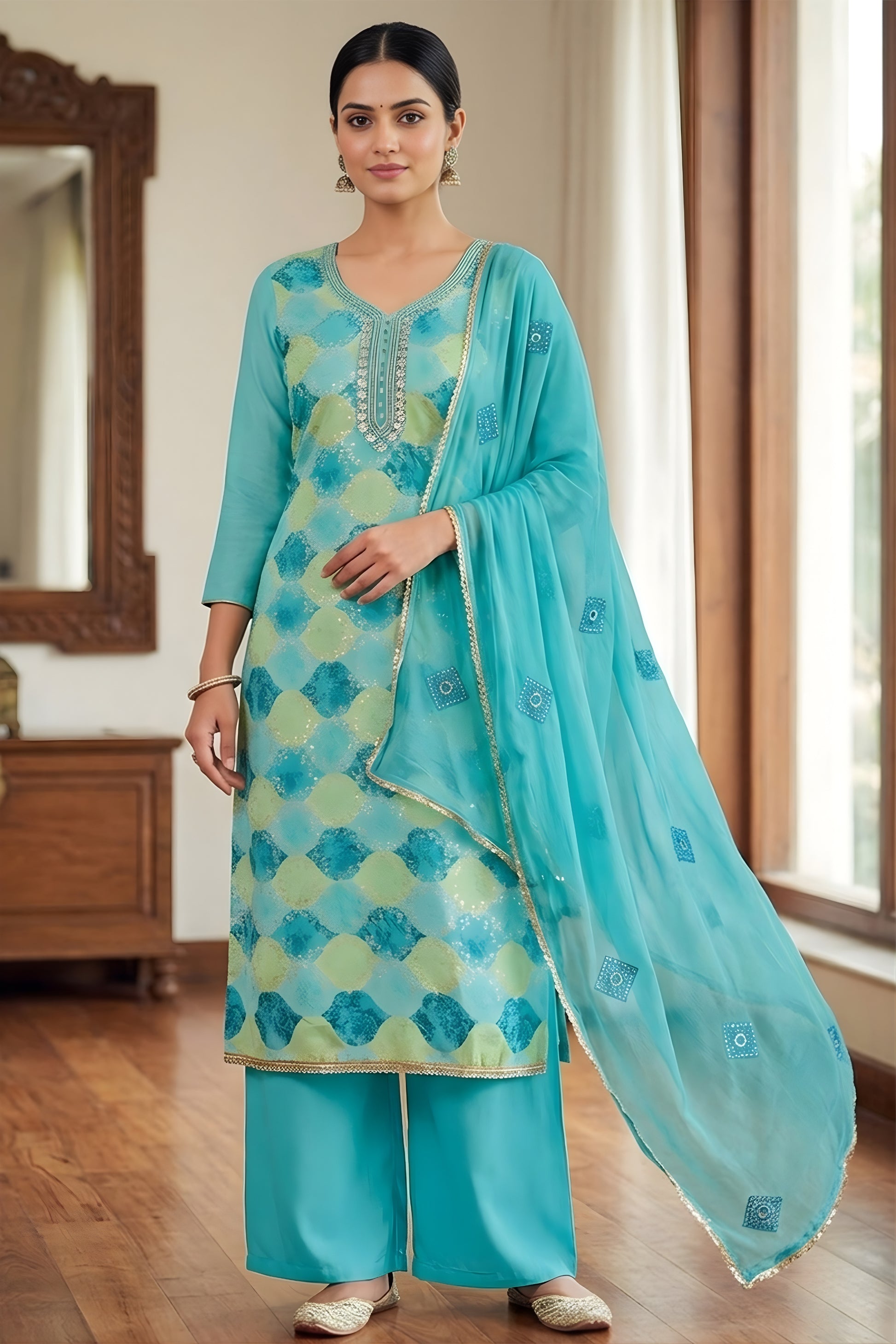Refreshing Aqua Blue Muslin Digital Printed Straight Salwar Suit with Designer Dupatta