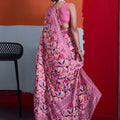 Elegant Pink Cotton Printed Saree Designer Border Matching Blouse Piece