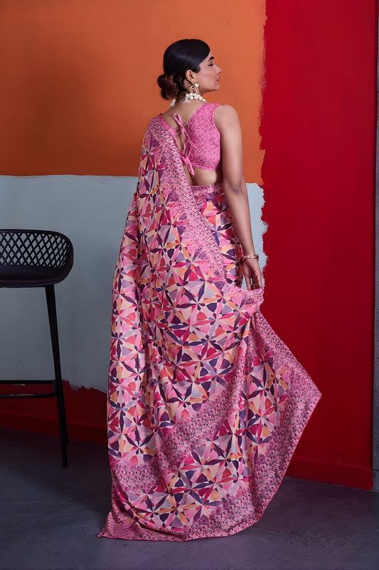 Elegant Pink Cotton Printed Saree Designer Border Matching Blouse Piece