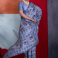Vibrant Sky Blue Cotton Printed Saree Designer Border Matching Blouse Piece