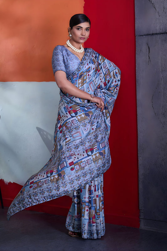 Vibrant Sky Blue Cotton Printed Saree Designer Border Matching Blouse Piece