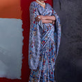 Vibrant Sky Blue Cotton Printed Saree Designer Border Matching Blouse Piece