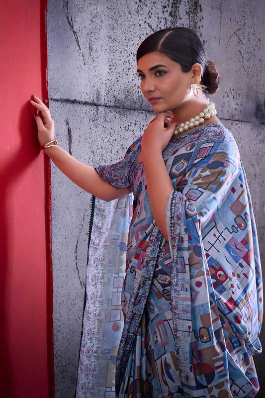 Vibrant Sky Blue Cotton Printed Saree Designer Border Matching Blouse Piece