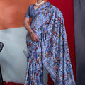 Vibrant Sky Blue Cotton Printed Saree Designer Border Matching Blouse Piece