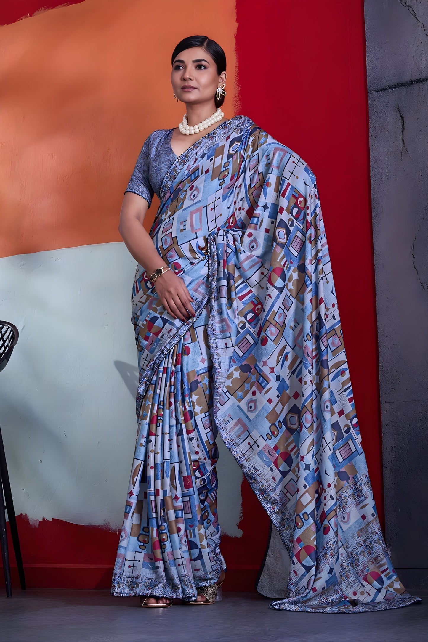 Vibrant Sky Blue Cotton Printed Saree Designer Border Matching Blouse Piece