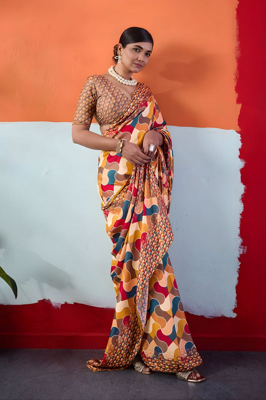 Stylish Multicolor Cotton Printed Saree Designer Border Matching Blouse Piece