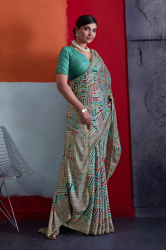 Elegant Sea Green Cotton Printed Saree Designer Border Matching Blouse Piece