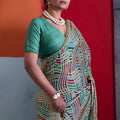 Elegant Sea Green Cotton Printed Saree Designer Border Matching Blouse Piece