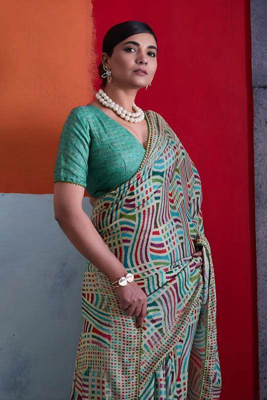 Elegant Sea Green Cotton Printed Saree Designer Border Matching Blouse Piece