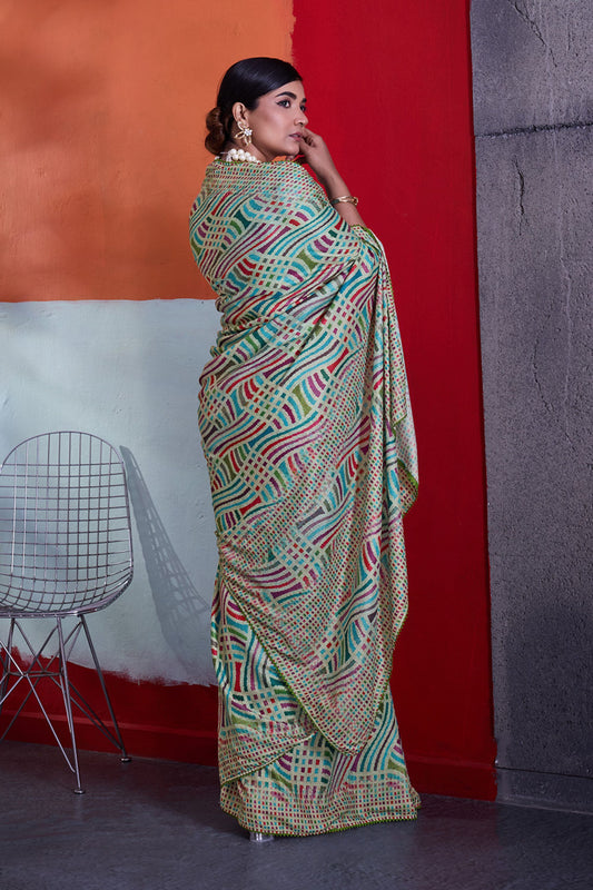 Elegant Sea Green Cotton Printed Saree Designer Border Matching Blouse Piece