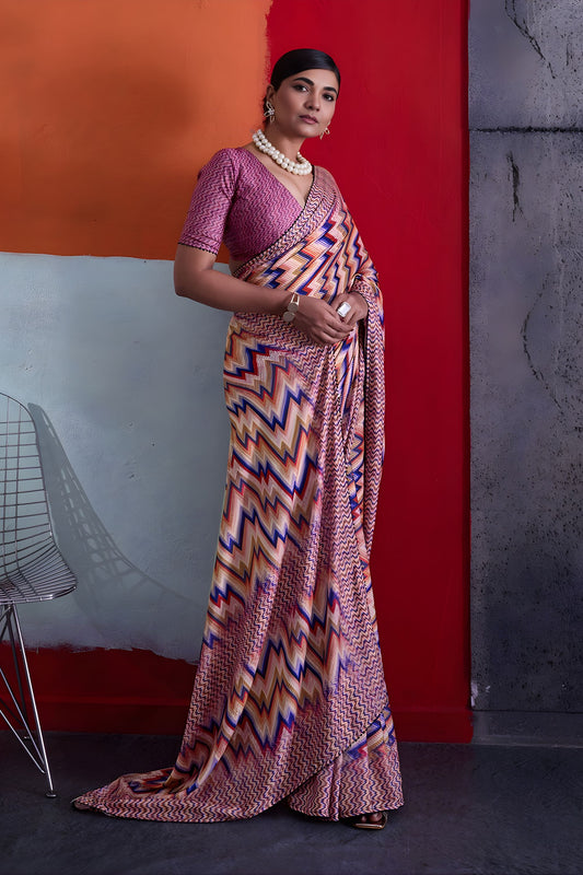Beautiful Pink Cotton Printed Saree Designer Border Matching Blouse Piece
