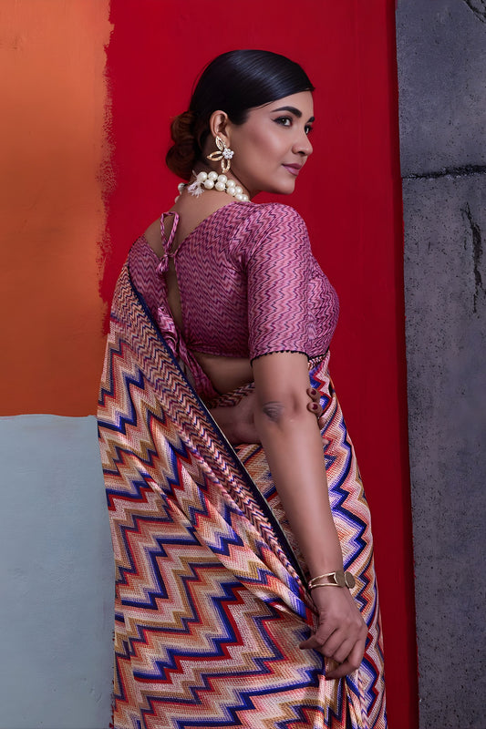 Beautiful Pink Cotton Printed Saree Designer Border Matching Blouse Piece