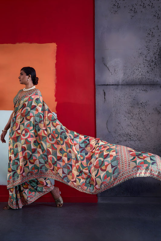 Stylish Multicolor Cotton Printed Saree Designer Border Matching Blouse Piece