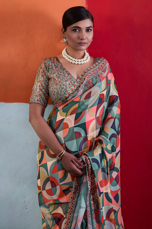 Stylish Multicolor Cotton Printed Saree Designer Border Matching Blouse Piece