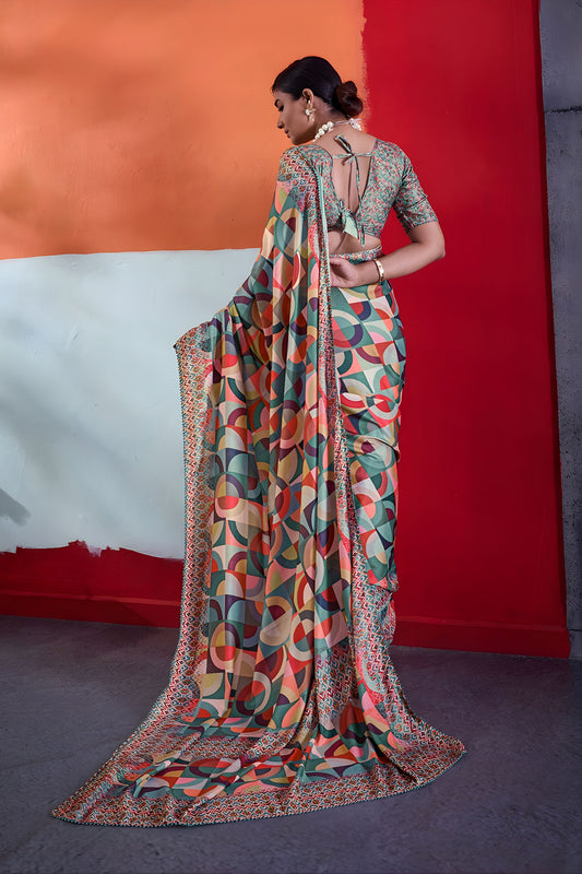 Stylish Multicolor Cotton Printed Saree Designer Border Matching Blouse Piece