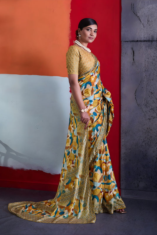 Stylish Mustard Yellow Cotton Printed Saree Designer Border Matching Blouse Piece