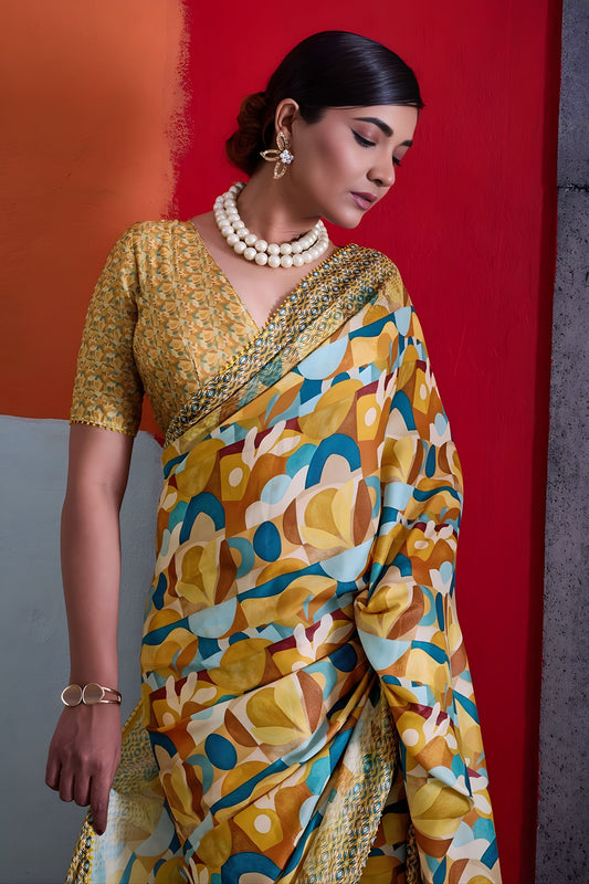 Stylish Mustard Yellow Cotton Printed Saree Designer Border Matching Blouse Piece