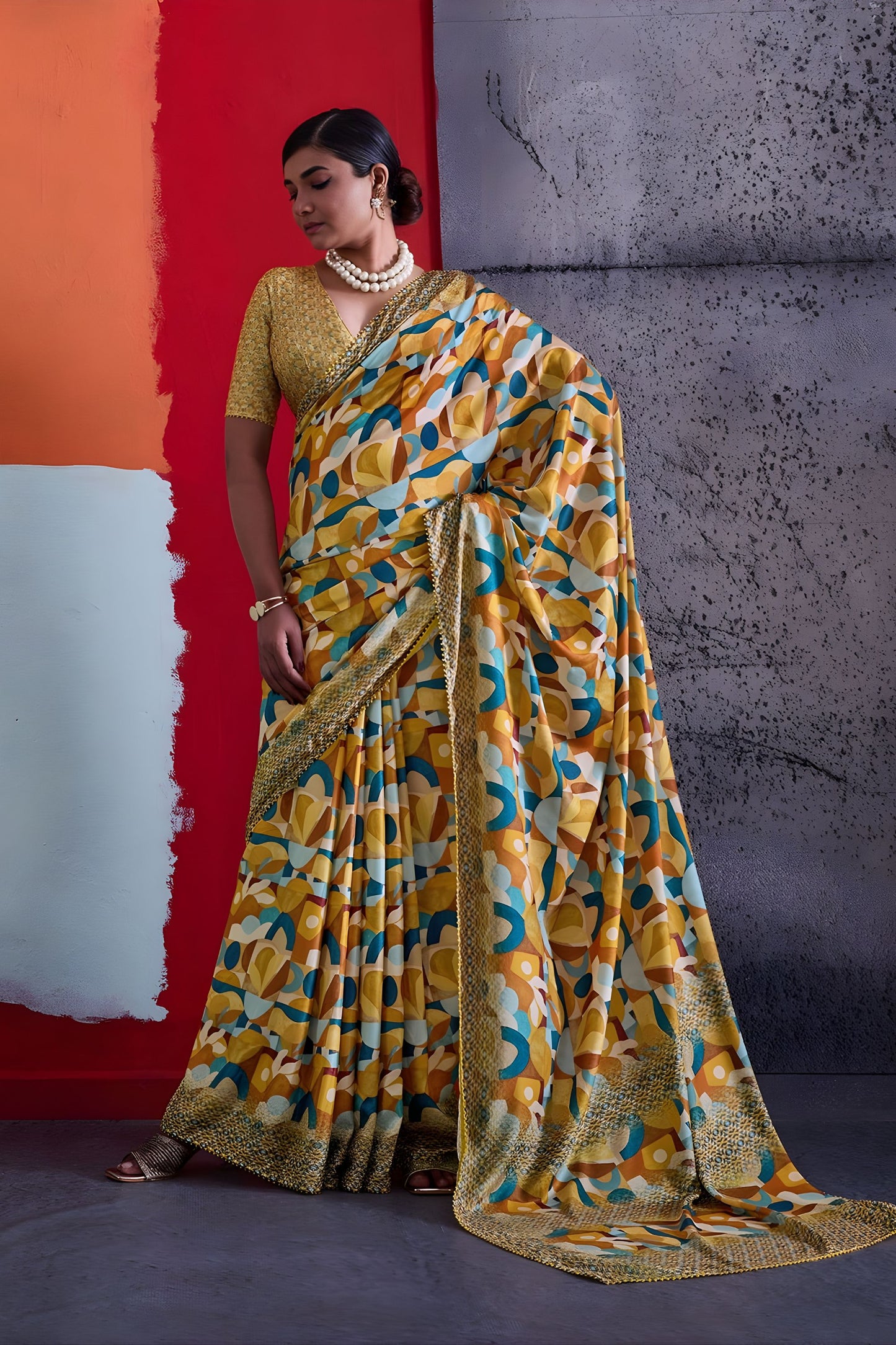 Stylish Mustard Yellow Cotton Printed Saree Designer Border Matching Blouse Piece