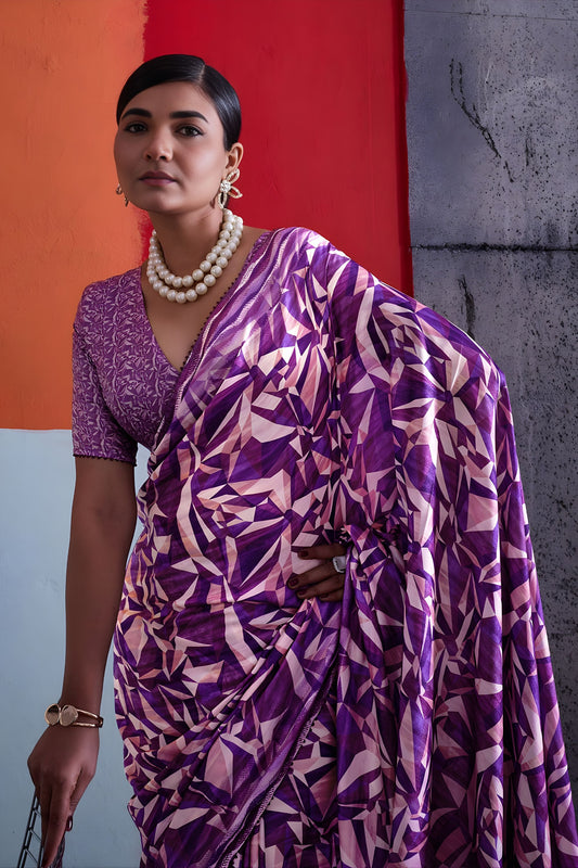 Wonderful Purple Cotton Printed Saree Designer Border Matching Blouse Piece