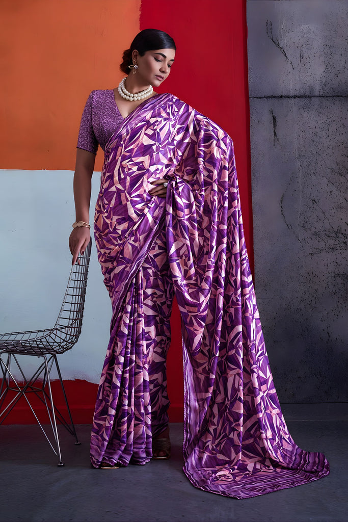 Elegant Purple Cotton Printed Saree Designer Border Matching Blouse Piece