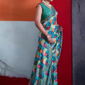 Vibrant Teal Blue Cotton Printed Saree Designer Border Matching Blouse Piece