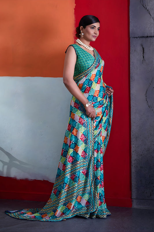 Vibrant Teal Blue Cotton Printed Saree Designer Border Matching Blouse Piece
