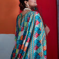 Vibrant Teal Blue Cotton Printed Saree Designer Border Matching Blouse Piece