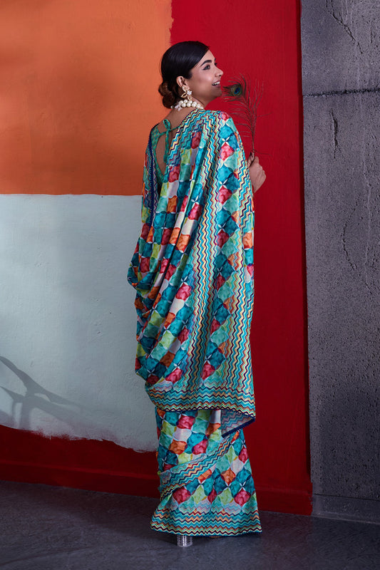 Vibrant Teal Blue Cotton Printed Saree Designer Border Matching Blouse Piece