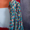 Vibrant Teal Blue Cotton Printed Saree Designer Border Matching Blouse Piece
