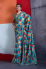Vibrant Teal Blue Cotton Printed Saree Designer Border Matching Blouse Piece
